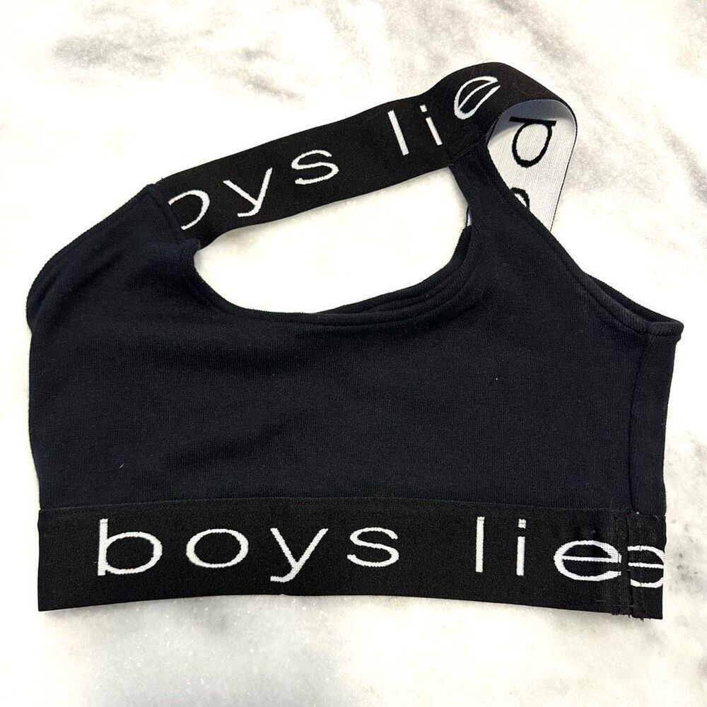 Boys Lie One Shoulder Logo Cutout Ribbed Jersey Tank Bralette Top Black 2XL/3XL